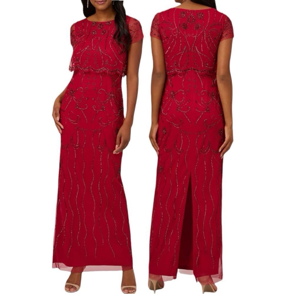 Adrianna Papell Beaded Scalloped-Popover Gown in the Size 16 in Cranberry Color - Picture 1 of 6